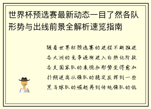 世界杯预选赛最新动态一目了然各队形势与出线前景全解析速览指南
