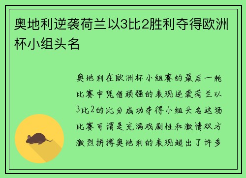奥地利逆袭荷兰以3比2胜利夺得欧洲杯小组头名